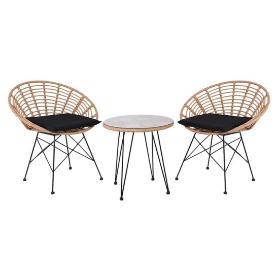 SALSA Coral Coffee Set Κήπου Μέταλλο Μαύρο - Γυαλί - Wicker Φυσικό: Τραπεζάκι+2 Πολυθρόνες
