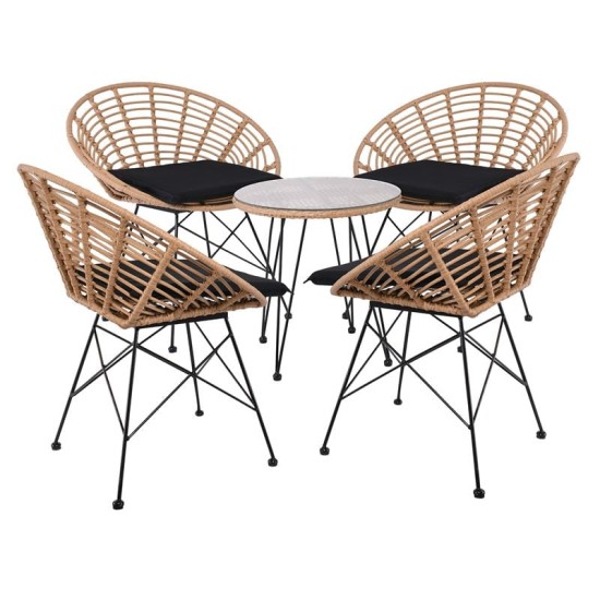 SALSA Coral Coffee Set Κήπου Μέταλλο Μαύρο - Γυαλί - Wicker Φυσικό: Τραπεζάκι+4 Πολυθρόνες