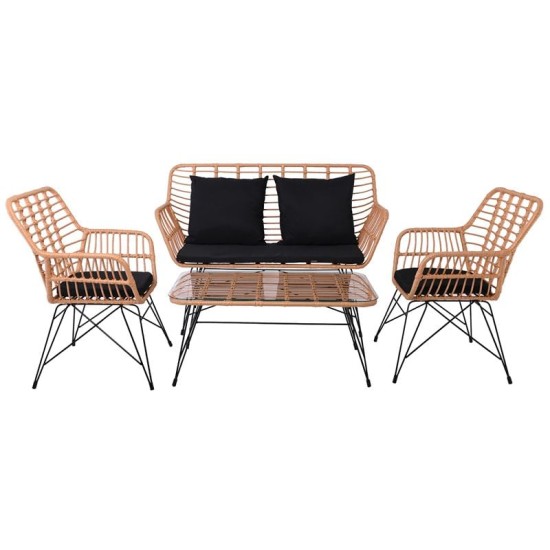 SALSA MAX Living Set Κήπου 4 τεμαχίων, Μέταλλο Βαφή Μαύρο, Wicker Φυσικό, Μαξιλάρια Μαύρο -  106x55x45-147x70x105-65x67x96